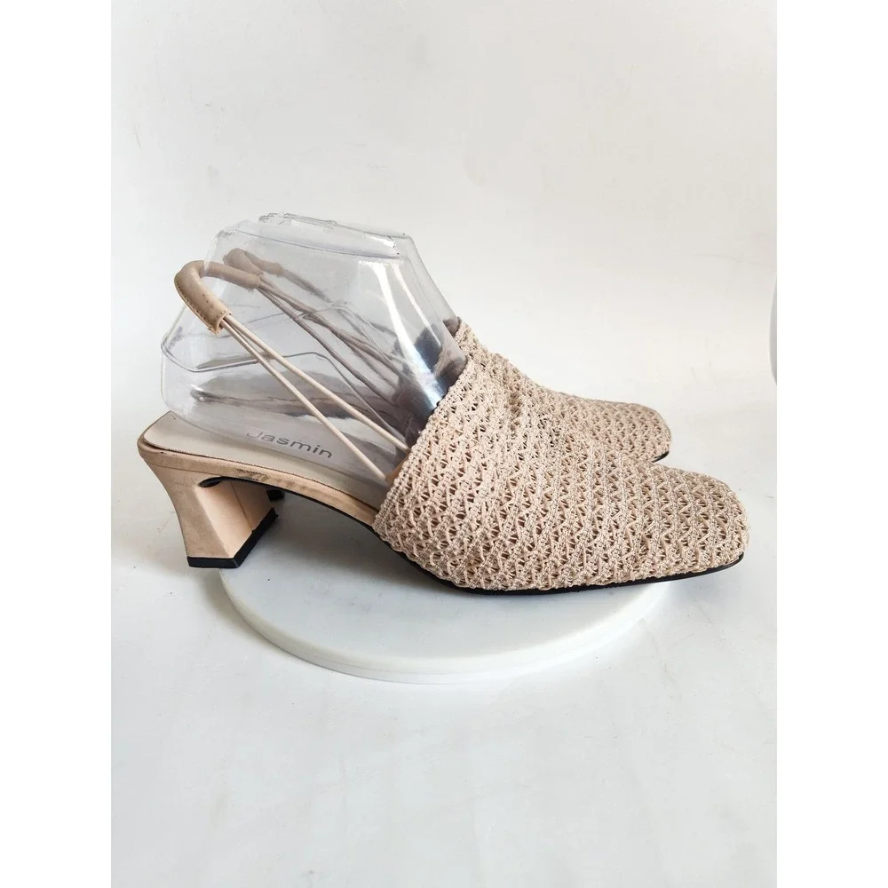 Vintage Crochet Slingback Heels 8.5 Square Toe Beige Neutral Woven Block Heel